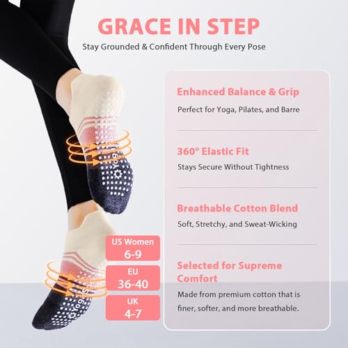 Image of Non Slip Pilates Grip Socks for Women Yoga Barre Knitted Cotton | Full Foot Sticky Silicone,Soft Breathable Comfortable,Durable Washable Anti Skid,Gentle Arch Compression Support