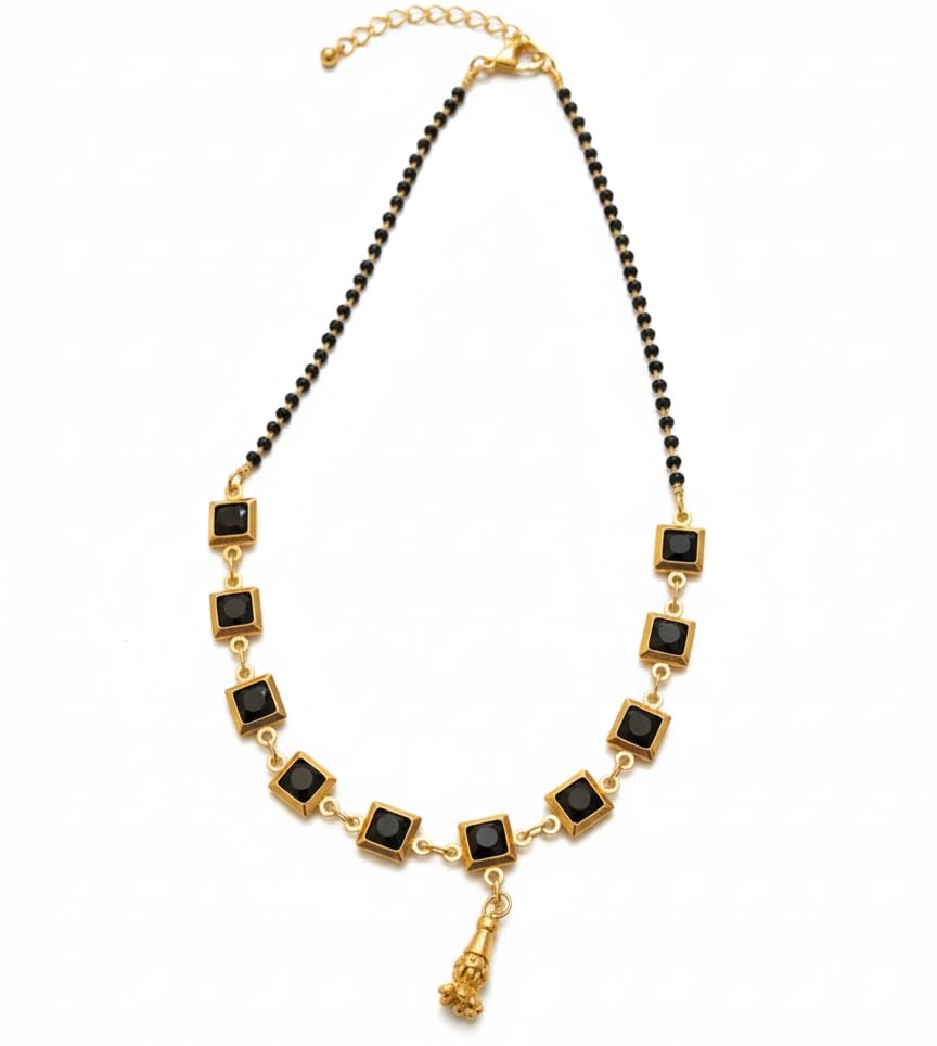 Modern Mangalsutra for Women - Gold Plated Short Black Bead Necklace with Square Geometric Pendant - Office Wear Jewelry - Traditional Tanmaniya for Marriage-image-35