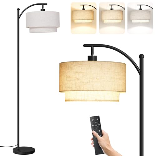 Image of SUNMORY Arc Floor Lamps for Living Room with 12W Remote and Dimmable Bulb | Modern Floor Lamps with Adjustable Double Fabric Shades Shades, LED Lamp, Boho Standing Lamp for Bedroom, Corner, Home Decor