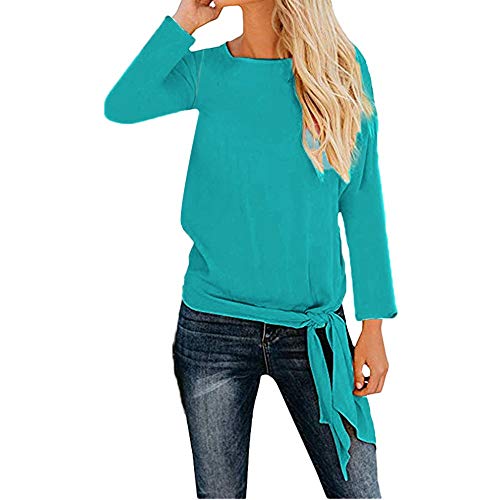 Womens Casual Top Basic Knot Tie Front Loose Fit Long Sleeve Tee T-Shirt Blouse Green