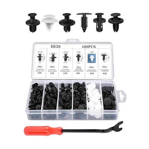 Zosgrew 100 PCS Bumper Push Fasteners Rivet Clip Kit, ABS Retainer Expansion Screws with Removal Tool, 6 Popular Sizes Fenders/Body Fixing Clips, Universal for Most Cars, Trucks, SUVs (White)