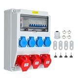 GEAREVER Baustromverteiler 4x230V 2x16A 1x32A mit FI Schalter LS Schalter 400V CEE, 5 polig Wandverteiler mit 4 Schutzkontaktsteckdosen für Innen Außenbereich auf Baustellen IP44