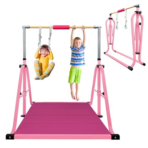 GLANT Gymnastics Bar for Kids with Rings Set, 7 Heights Adjustable Easy Folding Gymnastic Training Bar Kids Monkey Horizontal Bars - Max Load 300LBS