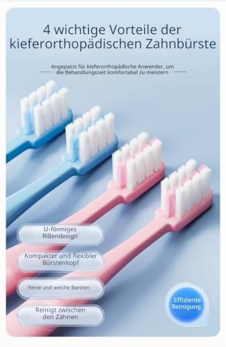 Vonmerie Zahnspangen Zahnbürste U-Form, weiche PBT Borsten, 4 Stück (2 Orthodontische Bürsten + 2 Zahnspitzenbürsten/Interdentalbürsten) für Zahnspange (Rot interdentale Bürsten)