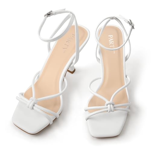 Image of PARTY Women's Square Open Toe Strappy Heeled Sandals 3 inch Stiletto Kitten Heel with Ankle Buckle Strap, Comfortable Slingback Summer Dress Shoes