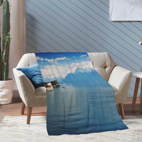 Couverture douce lac Léman en flanelle chaude pour soirées cocooning