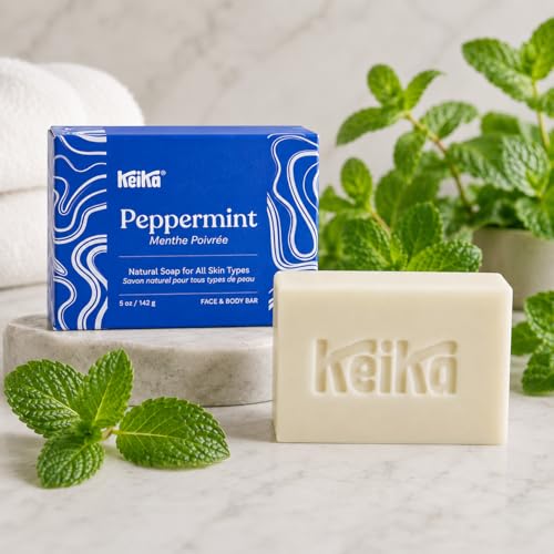 Image of Keika Peppermint Soap Bar for Face & Body, Natural Cooling Spa Bath & Shower Cleanser, 5 oz.
