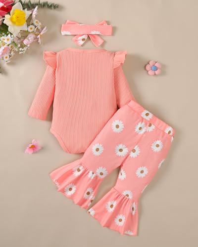 Jecson Newborn Baby Girl Clothes: Soft Cotton Infant Outfits Ruffles Sleeve Romper & Pants Set Cute Fall Home Outing 0-18M3