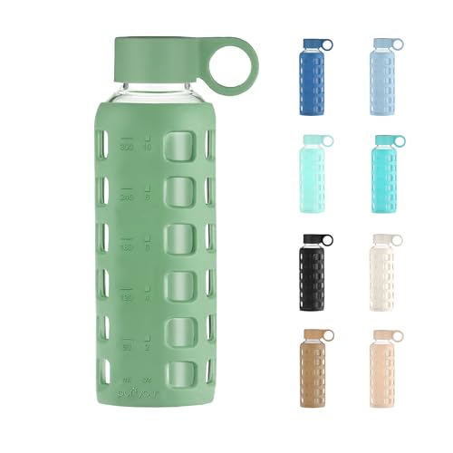 purifyou 40oz / 32oz / 22oz / 12oz Borosilicate Glass Water Bottle with Time & Volume Markers, Silicone Sleeve, Stainless Steel Lid | Reusable Glass Bottle for Water & Juice (12oz Shale Green)