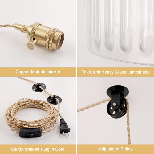 Image of Shenmoyl Plug in Pendant Light Hanging Light Fixture Corded On /Off Switch Brass Pendant Light with Clear Striped Glass Lampshade for Bedroom Living Room Kitchen Island