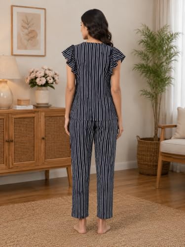 Image of Yash Gallery Women's Rayon Striped Print Flare Short Sleeve Round Neck Night Suit Pajama Set