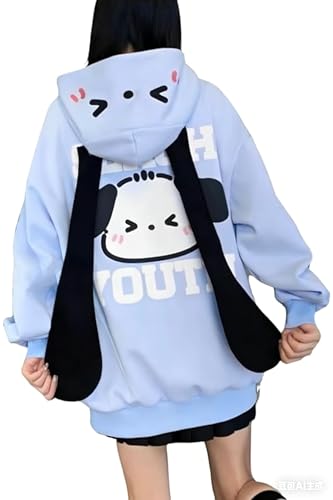 grhaat Kawaii Anime Sudadera con Capucha y Cremallera Harajuku Puppy de Orejas largas, Casual, Holgada, Cutecore Y2k, Azul, S