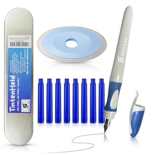 SKOOLED Tintenheld radierbarer Füller 1 Füller blau - kein Tintenkiller nötig geschützte Feder ergonomischer gummierter Griff blaue schnelltrocknende Tinte 8 Patronen Metalletui