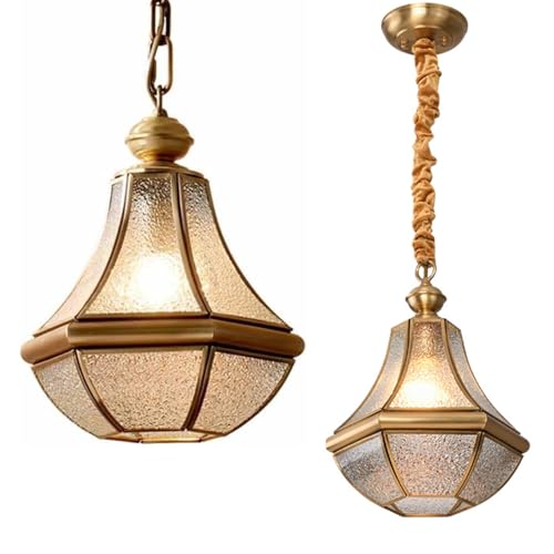 Outdoor Pendant Light – Copper Glass Lantern Chandelier, Waterproof Porch Ceiling Lighting,Durable Full Copper with Antique Glass Shade, Perfect Waterproof Hanging Light (M,Frosted)