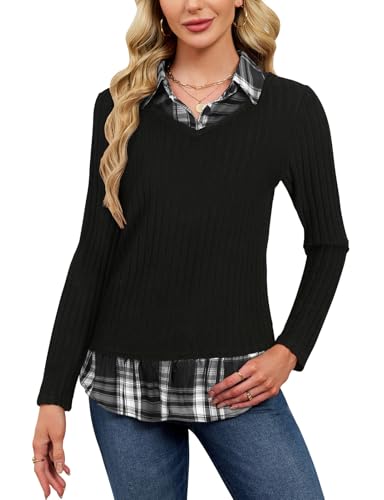 Unsenthy Pullover Sweaters for Women, Shirt Sweater Combo Twofer Tops Casual Plaid Patchwork V Neck 2 in 1 Layered Shirts