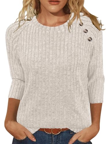 Womens Sweaters Fall Fashion 3/4 Length Sleeve Tops Crew Neck Button Shirts Casual Pullover Cute Winter Clothes