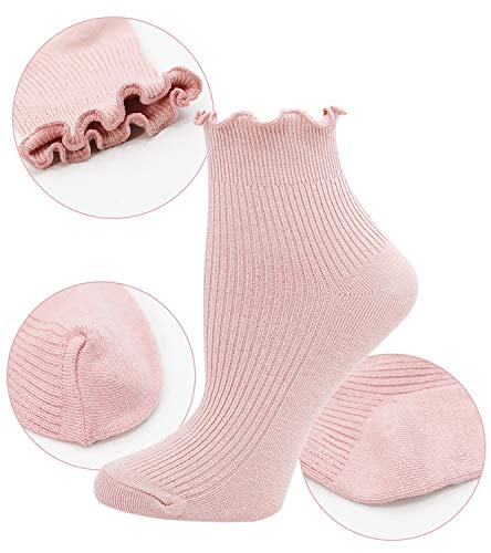 Lovful 5 Pack Ankle Socks for Women, Ruffle Cuff Cotton Crew Socks, Frilly Knit Lettuce Cute Low Cut Socks4
