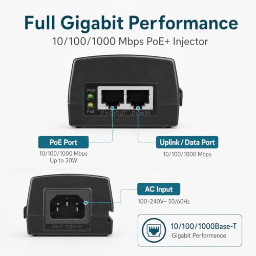Image of BV-Tech 90W PoE++ Injector (802.3bt) - Gigabit Single Port Power Over Ethernet, 10 /100 /1000Mbps, Plug & Play, Up to 100m (325ft) Extension, Ideal for High-Power PTZ Cameras & VoIP Videophones