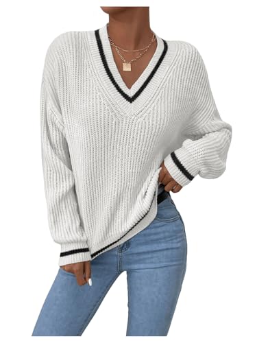 OYOANGLE Women's Ribbed Knit Preppy Sweater Long Sleeve V Neck Drop Shoulder Top