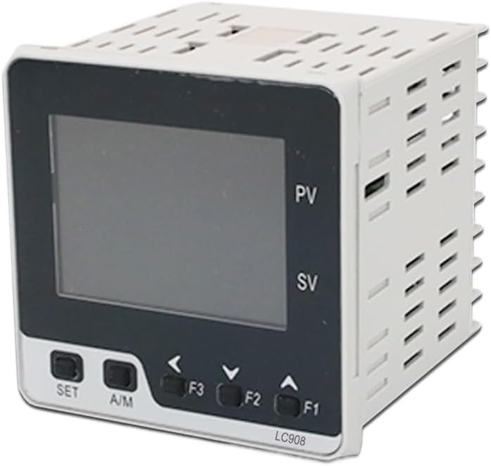 Front panel of the FCNGEVBH LC908 PID Digital Temperature Controller with buttons labeled SET, A/M, F1, F2, F3