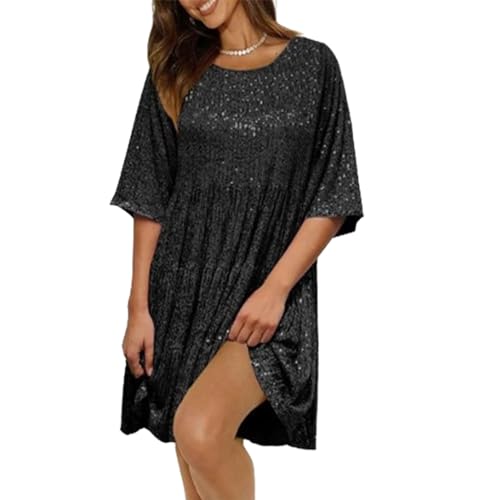 QKCQQTS Vestido Babydoll con Capas de Lentejuelas, Vestidos Sueltos con Purpurina de Corte A, Vestido de Verano con Purpurina Brillante para Mujer de Manga Corta (L,Black)