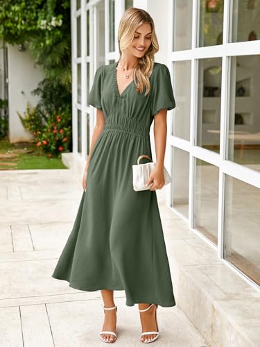 Image of Simplee Women's Summer Flowy Midi Dress Casual V Neck Short Sleeve Empire Waist Boho Beach Dress Wedding Guest Maxi Dress