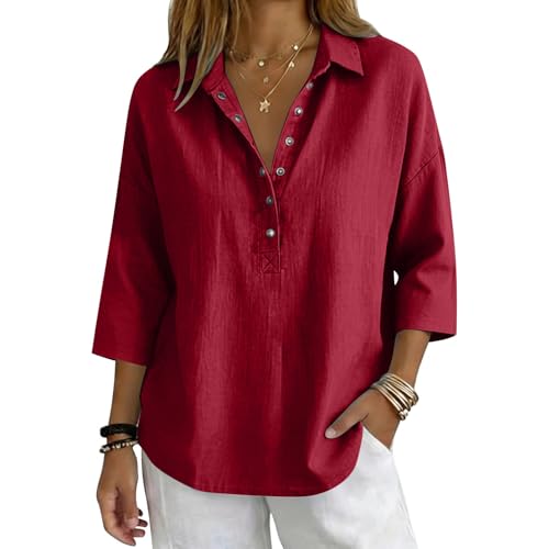 Chemisier Femme Chic et Élégant Vert Sauge Kaki Marron Violet Col V Boutonné Manches 3/4 Couleur Unie Ample Fluide Vetement Ete Tunique Grande Taille Tee...
