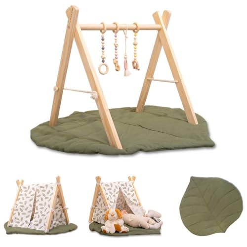 Image of Wossen® Wooden Baby Play Gym Set and PlayTent Cover, Naturel Baby Gym, Reliable Toys, Ergonomic and Multipurpose Use, Mat and Play Tent Cover, Newborn Gift for Baby Girl and Boy