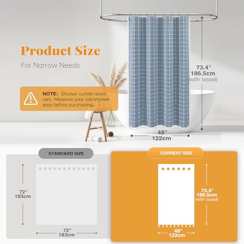 Image of BTTN Blue Boho Farmhouse Linen Thick Water Repellent Shower Curtain, 48x72 | Small Size, Heavy Duty Fabric, 8 Plastic Hooks, Three-sided Tassels, Bohemian French Country, Machine Washable, Wrinkle Free