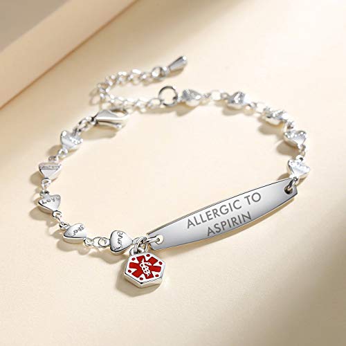 Mnmoom Fashion Love Heart Allergic To Penicillin Bracelet For Women Adjustable Medical Id Bracelets 6.5-8 Inch #TOP1
