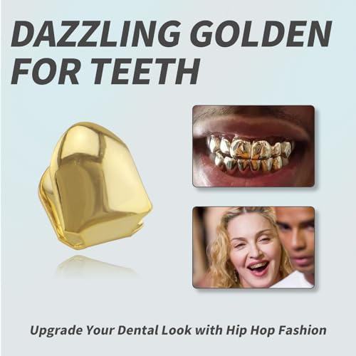 4 Pcs Gold Plated Gold Tooth Cap and Cuban Link Bracelet for Men Hip Hop Teeth Accessories Plain Single Tooth Cap for Teeth Mouth Realistic Fake Teeth Grills for Party Open Face Front Tooth Caps2