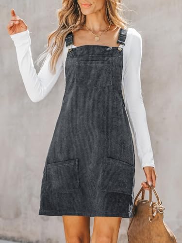 Image of CUPSHE Women Corduroy Fall Dresses Front Bib Pocket Square Neck Wide Strap Casual Overall Mini Dress
