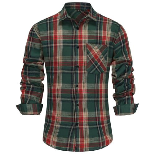 Camisa de franela para hombre a cuadros con botones, cuello alto, con bolsillos, suave, ligera, cómoda, transpirable, vintage, clásica, para traje regional, sin planchado, camisa de manga larga, verde