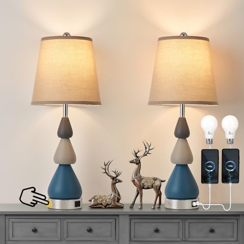 Modern Ceramics Table Lamps,26" Bedside Lamps Set of 2 with USB A+C Ports, 3-Way Dimmable Bedroom Lamps for Nightstands,Living Room,Home,Office with Linen Shade (Bulbs Included)