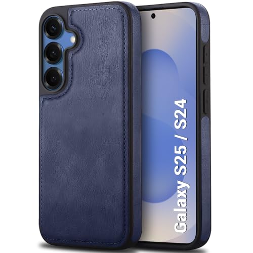 Image of TheGiftKart Genuine Leather Finish Back Cover Case for Samsung Galaxy S25 / S24 5G | Raised Edges for Camera & Screen Protection | Stunning Minimalist Design Back Case Cover (Black Sides, Blue)