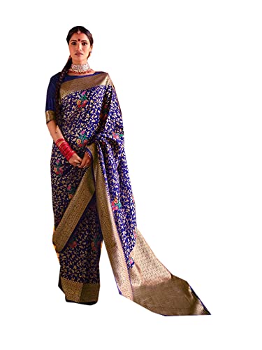 Sari indien Dolla Soie Meena bleu marine avec chemisier pour fête de Diwali 2865