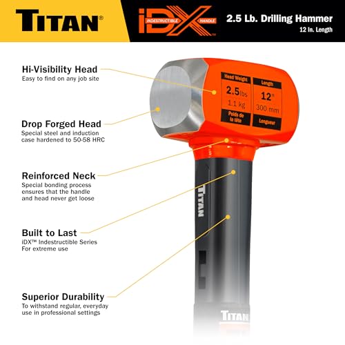 Image of Titan iDX 63612 2.5lb Drilling Hammer, Sledgehammer with 12 inch Indestructible Handle Reinforced with Steel Locking Plates & Steel Bars, Vulcanized Rubber Grip, Overtstrike Protection