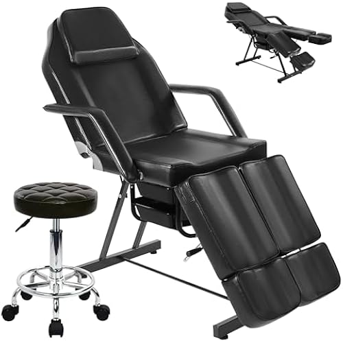 Tattoo Chair for Client, Facial Bed Esthetician Massage Headrest Table with Rolling Stool, Split Legs Design, Professional Beauty Lash Bed for Salon Spa Barber Massage Equipment, Black