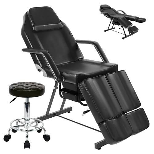 KIIUMI Tattoo Chair for Client, Facial Bed Esthetician Massage Headrest Table with Rolling Stool, Split Legs Design, Professional Beauty Lash Bed for Salon Spa Barber Massage Equipment, Black