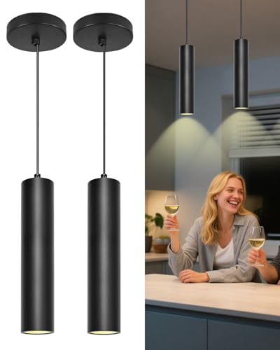ACMHNC Lampada a Sospensione 2 Pezzi, Lampada a Sospensione GU10 per Cucina Camera da Letto, 10W Lampadario Cilindro Nero Moderno Regolabile in Altezza 120cm, 3000/4000/6000K, 6x30 cm