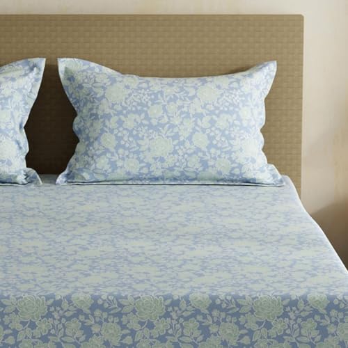 Image of Layers 100% Cotton Bedsheet for Double Size Bed | Lumina Floret Collection | 144 TC Soft & Breathable | Floral Print with 2 Pillow Covers | Wrinkle Free & Colorfast | 3 Piece Bedding Set - Blue