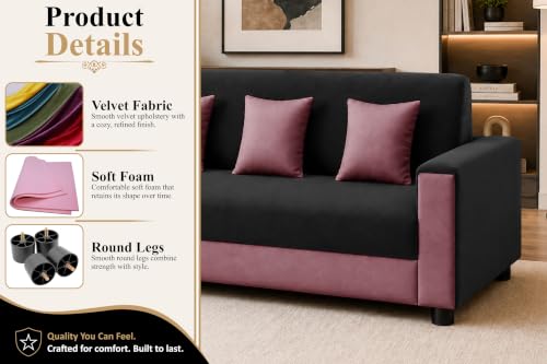 Image of Modern 3 Seater Sofa | Contemporary Upholstered Couch | Premium Cushioned Seating | Stylish Armrest Design | Comfortable Sofa for Living Room, Bedroom & Office - Black + Rose Pink Color