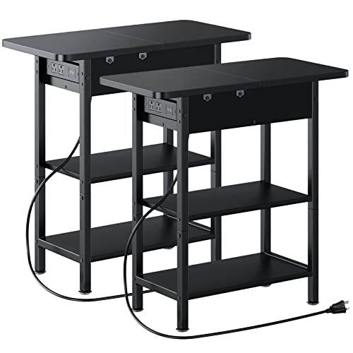 Yaabii Side Tables,End Table Set Of 2 With Usb Ports And Outlets,Nightstands With Charging Station,Bedside Tables With Storage Shelves For Living Room,Bedroom,Black #TOP24