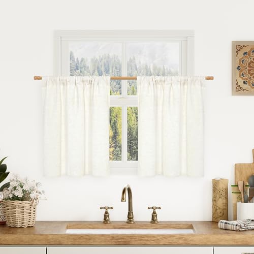 Image of LAMIT Cafe Linen Curtains 24 Inch Length for Small Windows 2 Panels, Cream