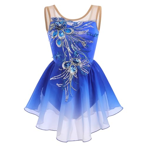 AFAVOM Women Girls Figure Skating Dress Sequin Flower Mesh Ice Skating Dress Ballet Dance Leotard Gradient Chiffon Skirt Lyrical Dancewear for Competition Stage Performance Costume Royal Blue S by AFAVOM - Image 4