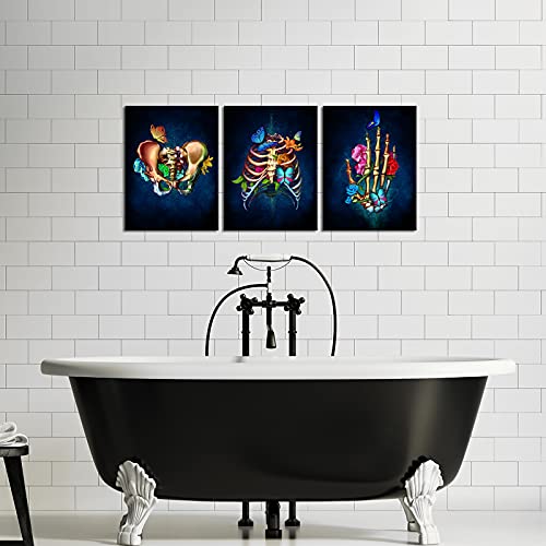 Duobaorom 3 Piece Human Anatomy Set Wall Art Black Flower Butterfly Organs Rib Cage Hand Skull Intestine Anatomical Steampunk Artwork For Medical Clinic Doctor Office Ready To Hang 12X16Inchx3Pcs #TOP4