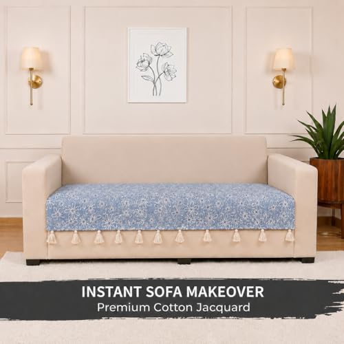 Image of STITCHNEST 'Verdant Phool Stories' 2 Seater Sofa Cover| Elegant Jacquard Fabric, Decorative Tassels, Washable & Durable for Modern Living