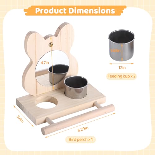 Image of Parrot Bird Perch with Mirror and Feeding Cups, Wooden Parrot Mirror Toy for Bird Cage, Bird Food Water Feeder Perch for Budgie Parakeet Lovebird African Grey Macaw Cockatiels