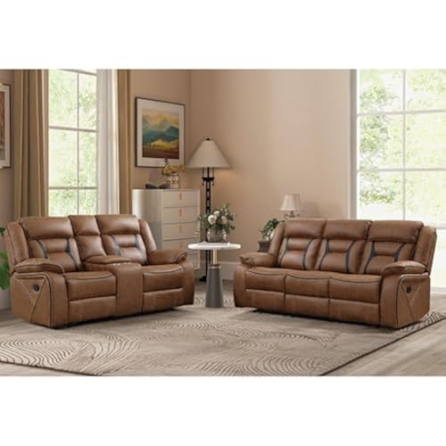 EBELLO Manual Recliner Sofa Set, Faux Leather Reclining Living Room Furniture Set, Included Loveseat and 3 Seat Manual Recliner Sofa, Brown(Loveseat+Sofa)