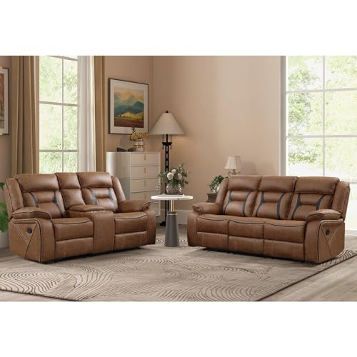 Image of EBELLO Manual Recliner Sofa Set, Faux Leather Reclining Living Room Furniture Set, Included Loveseat and 3 Seat Manual Recliner Sofa, Brown(Loveseat+Sofa)